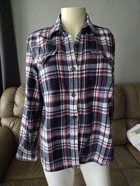 Ladies Size Small Classic Navy Red and White Plaid Button-Up Shirt